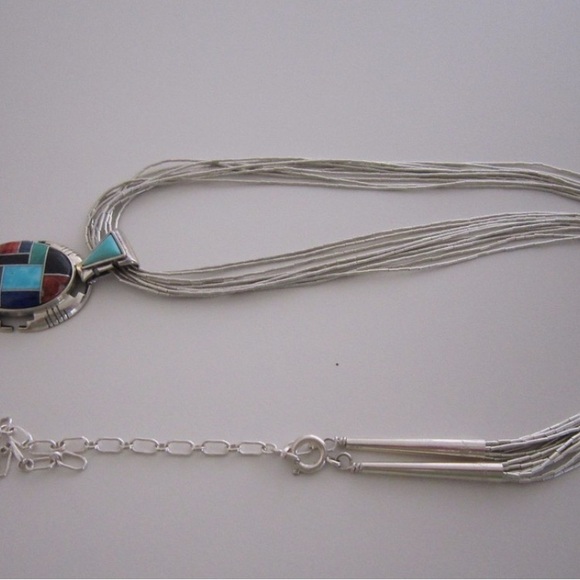 Signed Vtg Carolyn Pollack Southwestern 925 Sterling Turquoise Mosaic Necklace - Picture 11 of 16
